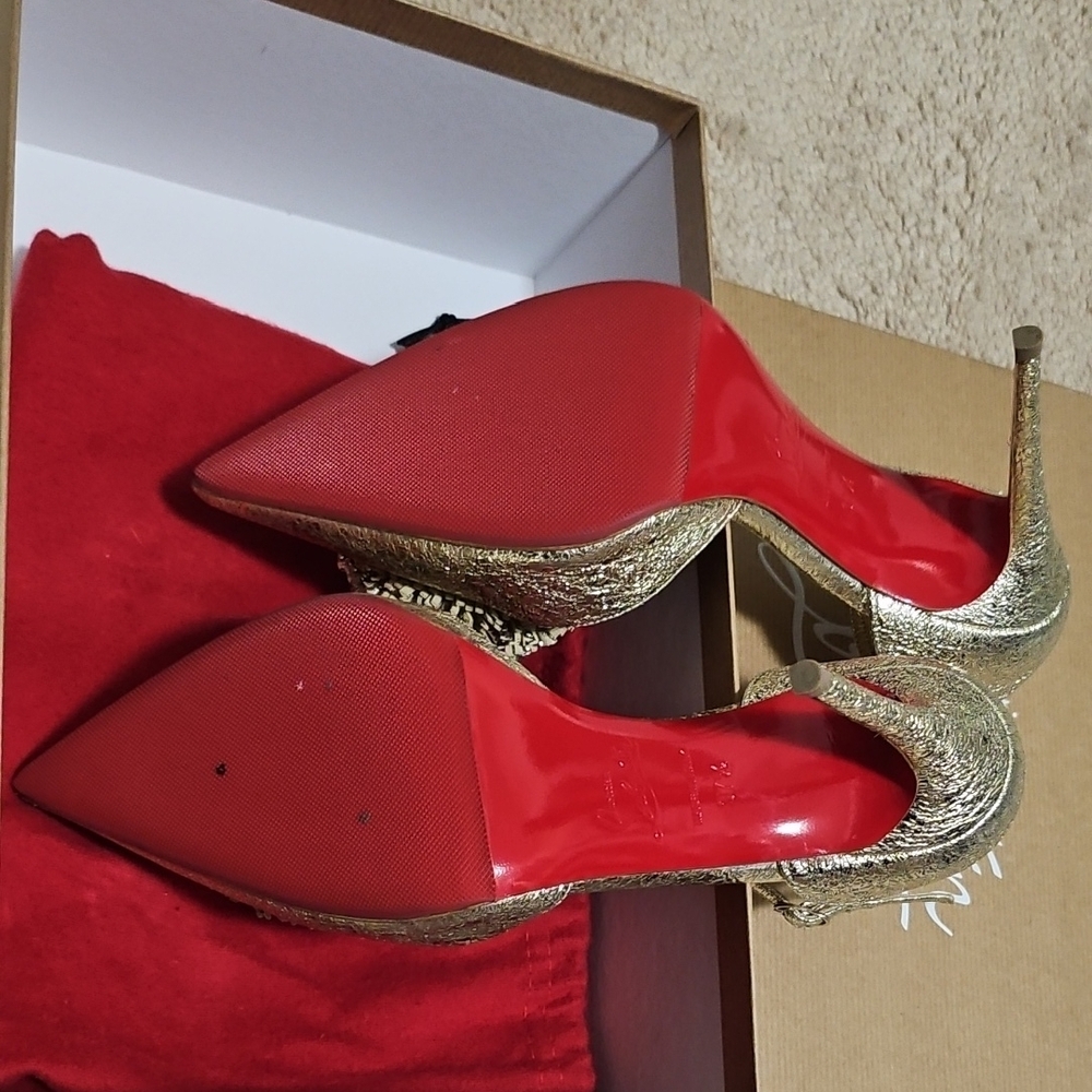 Christian Louboutin TSAROU Pompom Gold Heels - Picture 5 of 7